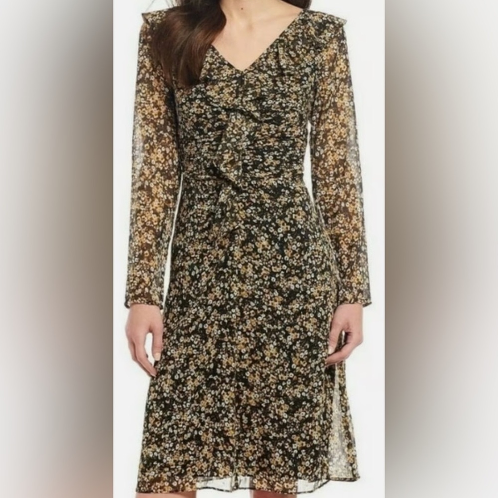 Lauren Ralph Lauren Black Floral Ruffle Long-Sleeve Dress